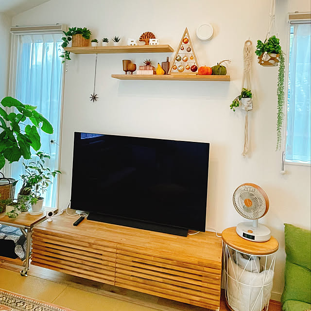 テレビボード造作,壁掛けテレビ,フェイクグリーン,ハロウィン,狭くても心地よく,田舎暮らし,ワンコと暮らす家,2Fリビング,TV上の飾り棚,ミックスインテリア,ダイソー,グリーンのある暮らし,秋色インテリア,ニトリのツリー,100均,ちいさなお家,かぼちゃ雑貨,ナチュラルインテリア,スリコ雑貨,セリア,Lounge obuta47300の部屋