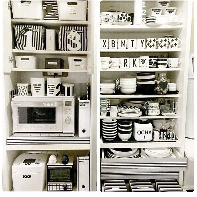 Kitchen,白黒 収納,IKEA,モノトーン,食器,収納,カトラリー収納,食器棚,100均,白黒マニア Queenbeeの部屋