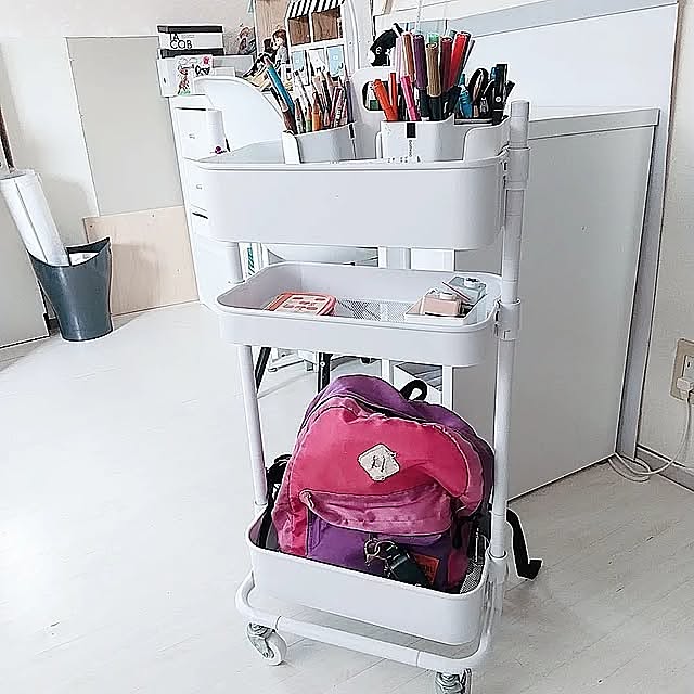 My Shelf,ノピア,山善,くらしのeショップ,女子部屋,子供部屋,こどもと暮らす。,バスケットトローリー,スリムトローリー,お絵描きグッズ,リュック置き場,ホワイトインテリア yuuの部屋