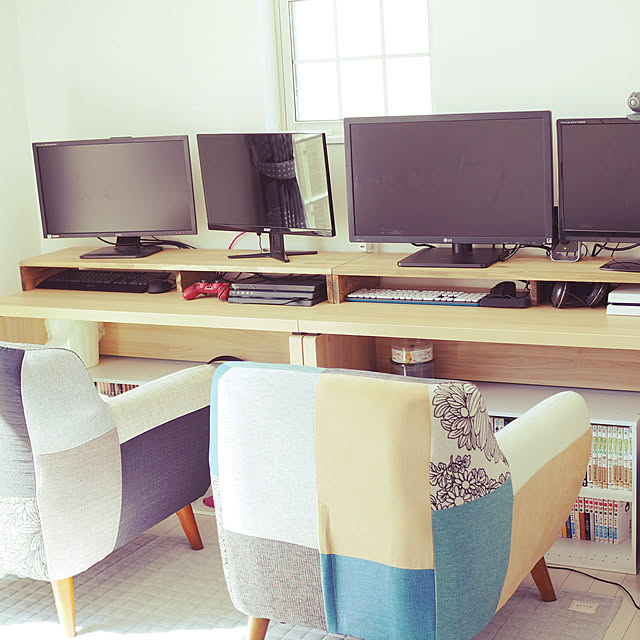 My Desk,上げ下げ格子窓,夫婦のゲーム部屋,ゲーム部屋,パソコンデスク,ナチュラル,カフェ風 chiroの部屋