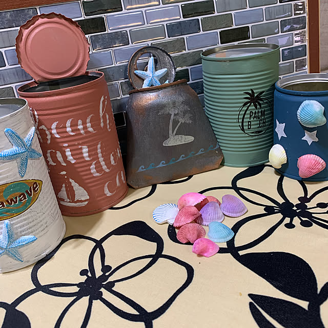 セリア,夏っぽくしてみたけど…(^^;;,ミルクペイント,リメ缶夏バージョン,貝殻,リメ缶 Fumiの部屋