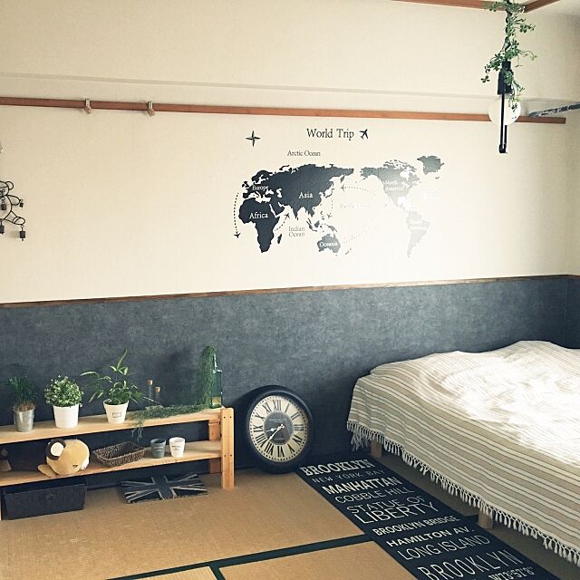 Bedroom,ベッド,ニトリ,観葉植物,昭和村,100均,賃貸でも楽しく♪,時計,壁紙屋本舗,モダンデコ dygwsbb-RIKOの部屋