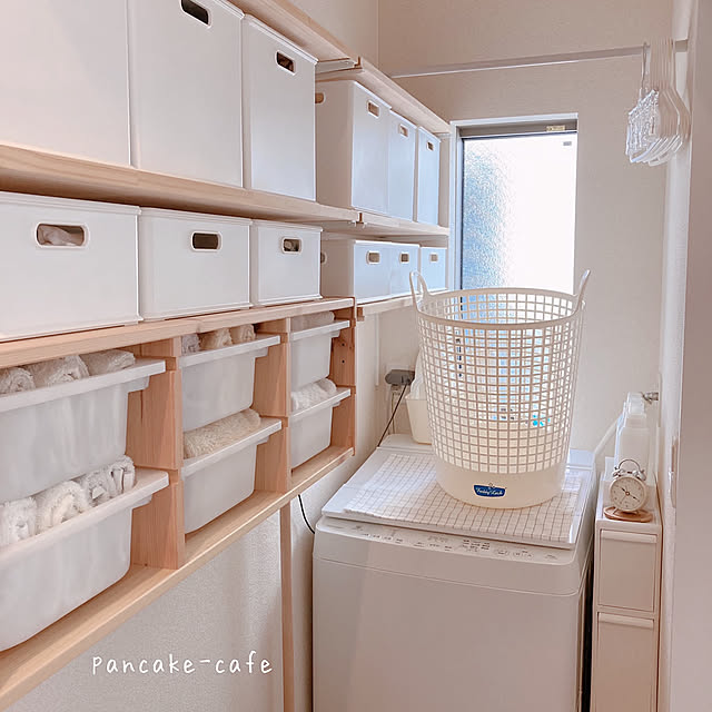 壁面収納DIY,バスタオル干し,ニトリ,つっぱり棒,タオル掛け,タオル収納,収納スペース,収納棚,収納棚DIY,IKEAの棚,壁面収納,洗濯機まわりの収納,洗濯機周り,洗濯機,DIY,Bathroom,ニトリインボックス pancake-cafeの部屋