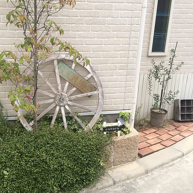 Entrance,garden,木箱,オリーブ,車輪,レンガ,アイビー,ワイヤープランツ,ヤマボウシ,花壇,DIY,木工 akko1205の部屋