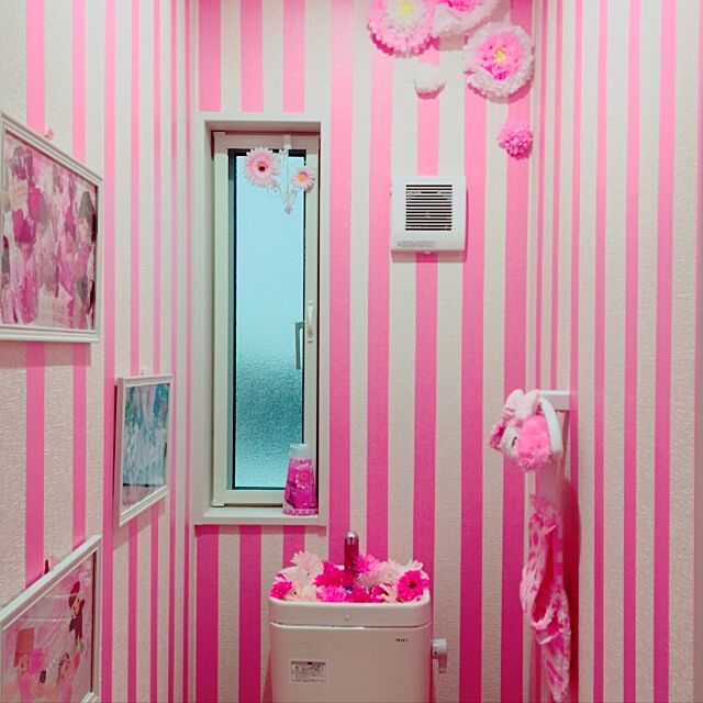 Bathroom,ダイソー,花,雑貨,100均,デコ,造花,ピンク,ストライプ,マイメロ,マステでイメチェン,マスキングテープ　壁,ピンクピンクピンク bonbonribbo-nの部屋