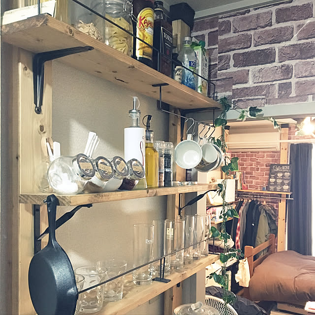 Kitchen,インダストリアル,ブルックリンスタイル,ブルックリン風,男前,ニトリ,無印良品,照明,IKEA,100均,カフェ風,一人暮らし,DIY,セリア,3Coins,北欧,フェイクグリーン like_fireflyの部屋