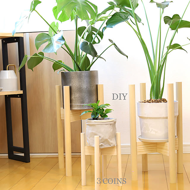 DIY,グリーンギャラリーガーデンズ,スリコ,作れそうなものは作る,プランタースタンドDIY,コーヒーの木,モンステラ,クワズイモ,すっきり暮らす,IKEA,好きな風景,観葉植物,木ダボ使用,アイアンプランターラックもDIY,カメラマーク消し,手作り,Lounge,３coins tomoccoの部屋