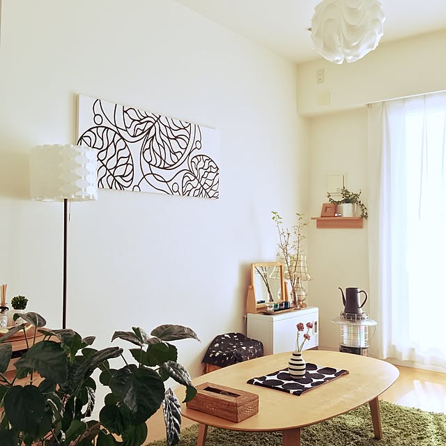 一人暮らし,北欧,賃貸,雑貨,グリーン,無印良品,無印良品 テーブル,ストーブ,ホルムガード,オマジオ,スタンドライト,ファブリックボード,ファブリックパネル,Overview mangomilkの部屋