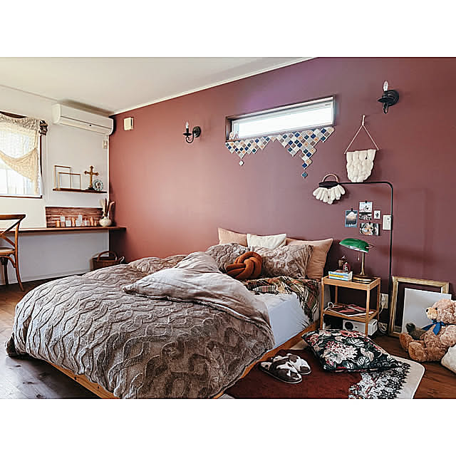 Bedroom,パイン材,無垢材,自然素材,小さなお家,ミックスインテリア,ラスティック,木のぬくもり,暮らしを楽しむ,ラスティックインテリア,ホームコーディ,ホームコーディのある暮らし,ホームコーディヒート,イオンホームコーディ,あたたか寝具,IKEA,ポストカード,ウォールデコ,アート,おうち時間,キャンドル,ブランケット,ランタンタイル,モロッカンタイル,タイル Reiyaの部屋