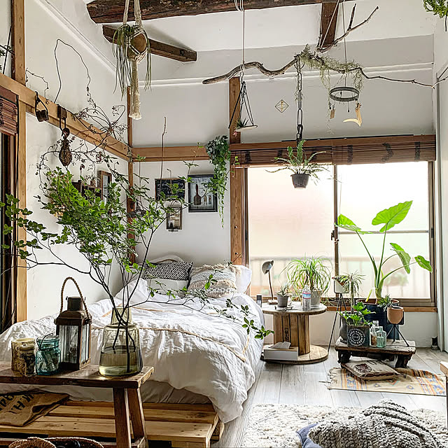 ドウダンツツジ,ヴィンテージ家具,セルフリノベーション,古道具,NO GREEN NO LIFE,古道具×GREEN,DIY,一人暮らし,古民家リノベーション,古材,パレットベッド,観葉植物,漆喰壁,ヴィンテージ,ベッド,Bedroom akiの部屋