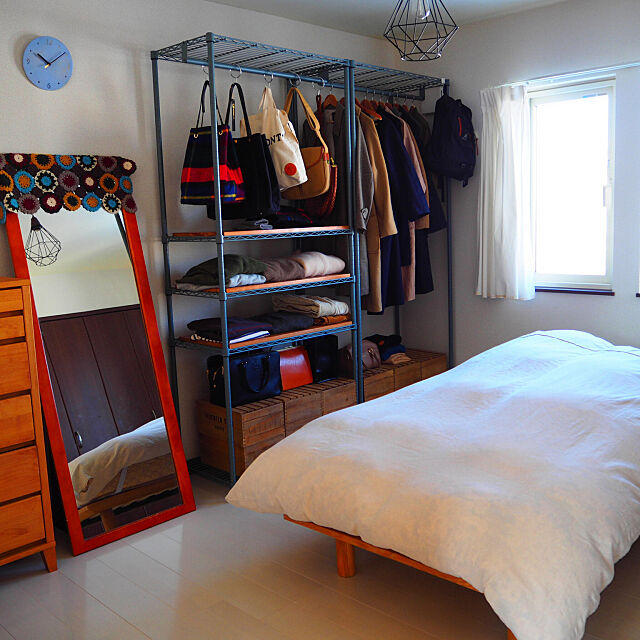 Bedroom,一人暮らし,1LDK,オリンパス,賃貸,ニトリ,オープンクローゼット,ルミナスラック,スチールラック,ベッドルーム LUUの部屋