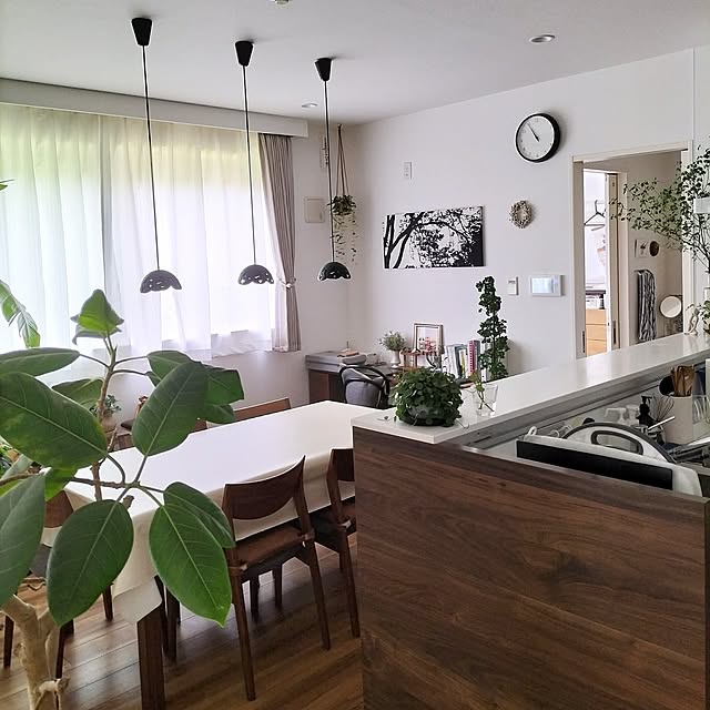 Kitchen,ミックスインテリア,キッチンダイニング,癒し,エコカラットの壁,ナチュラルモダンインテリア,みどりのある暮らし,観葉植物のある暮らし,パナソニックキッチン,柏木工ダイニングテーブル,アクタスワークデスク,マリメッコのファブリックパネル,及源鋳造,オーデリックの照明 coco0.84.の部屋