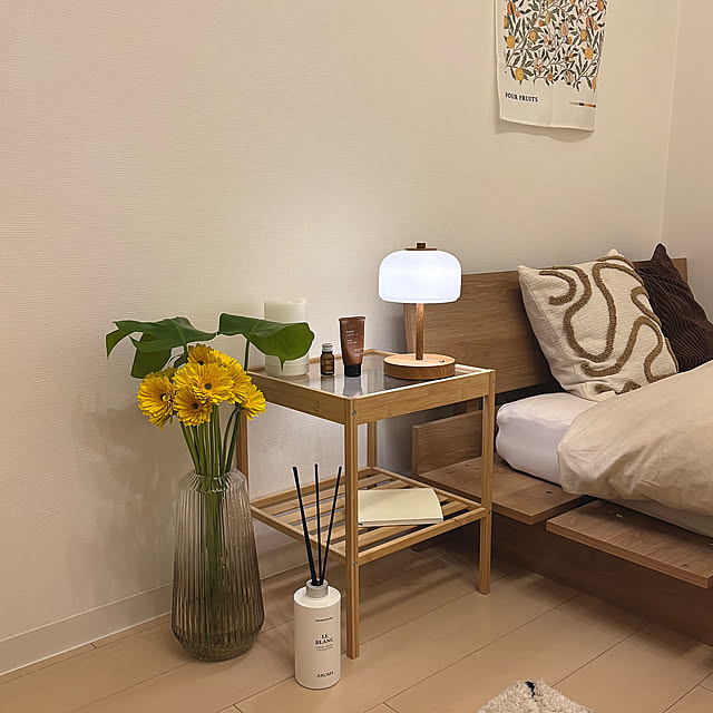 Bedroom,観葉植物,無印良品,照明,ナチュラル,IKEA,雑貨,一人暮らし,北欧,北欧インテリア,観葉植物のある部屋,北欧好き,ひとり暮らし 1K,1k 1人暮らし女性,寝室インテリア,夜を楽しむインテリア,北欧ナチュラルインテリア,ひとり暮らしインテリア,ディフューザー Yuiの部屋
