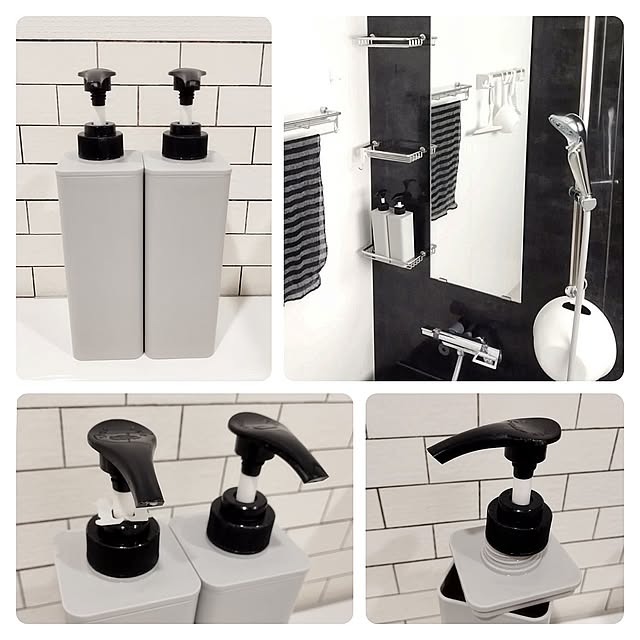 Bathroom,100均,バスルーム,シャンプーボトル,セリア,お風呂場,シャンプー＆コンディショナー,seria,詰め替え,白黒グレー,詰め替えボトル,リファ,Refa,シンプルインテリア,モノトーンインテリア,詰め替え容器,Retto,すっきり暮らす,シンプルな暮らし,子供のいる暮らし,こどものいる暮らし,RETTO洗面器,バッグクロージャー,リファファインバブルS,パンクロージャー SSSSSの部屋