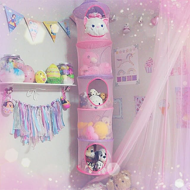 Bedroom,パステル,ピンク,かわいい,フェアリー,メルヘン,おんなのこ,ゆめかわいい,ぬいぐるみ,ぬいぐるみ いっぱい,ディズニー,ニトリ,パープル,ラブリー,収納,吊るす収納 wa-の部屋