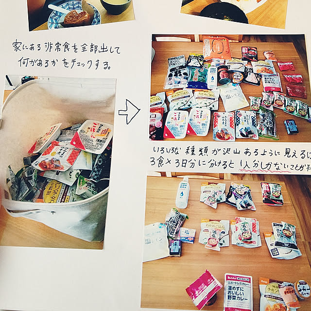My Desk,防災,ダイニングテーブル,無印良品,収納ボックス,ソフトボックス,イベント参加,自由研究,ローリングストック,ざっくり収納,ズボラー,波佐見焼のお皿,床シュガーメイプル,夏休み,もしもの時の備え,非常食,防災食,子どもと暮らす hihaの部屋