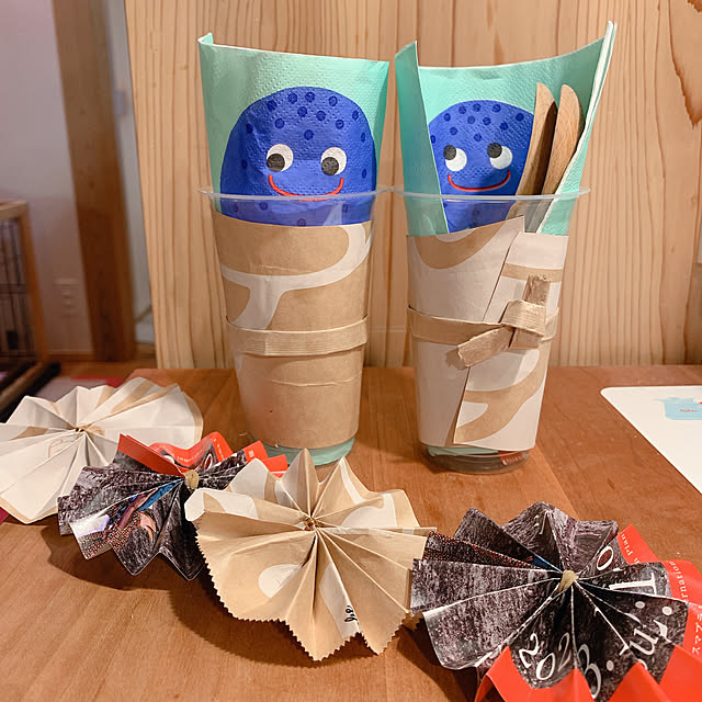 透明容器,アップサイクル,おうち夏祭り,ハンドメイド,木の家,雑貨,紙袋リメイク purpleの部屋