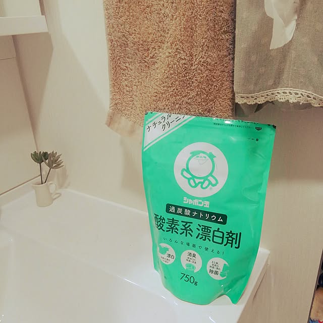 Bathroom,赤ちゃんのいる暮らし,こどもと暮らす。,インテリアじゃなくてごめんなさい,酸素系漂白剤,シャボン玉石鹸,洗濯機掃除,フェイクグリーン,洗面所,ダイソー,セリア,大掃除,お掃除グッズ satotoの部屋