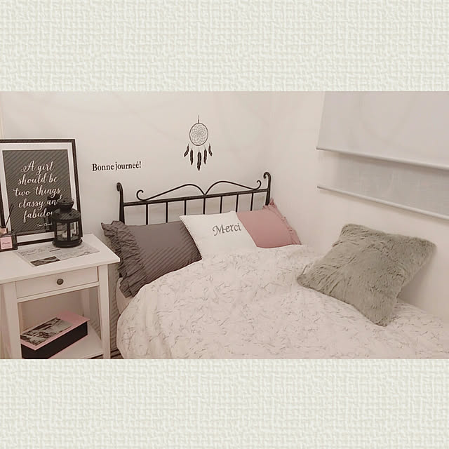 Bedroom,ファー,ベッドルーム,ピンク×モノトーン,IKEA,ニトリ,Francfranc,ZARA HOME,アイアンベッド,海外インテリアに憧れる,ピンク×グレー,H&M HOME miyupinkの部屋