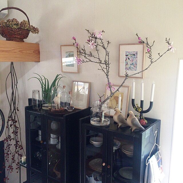 My Shelf,花のある暮らし,アート,ART,アートコレクター,枝物,花,長尾圭,食器棚,幣辛夷,シデコブシ,鳩,リサラーソン mohayaeteの部屋