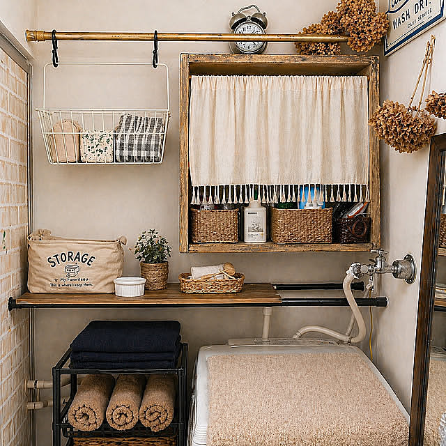 Bathroom,暮らしを整える,かご収納,ナチュラルインテリア,洗面所収納棚,浮かせる収納,洗濯機上収納,突っ張り棒収納,つっぱり棒,団地 mamiの部屋