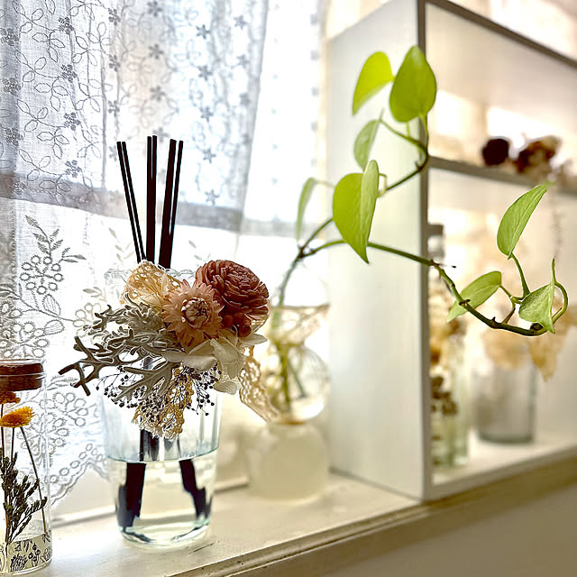 My Shelf,グリーン,ダイソーの一輪挿し,セリアのガラスのフラワーベース,ガラス雑貨,夏,いつもいいねありがとうございます♡,花のある暮らし,ドライフラワー♡,窓 asako.10の部屋