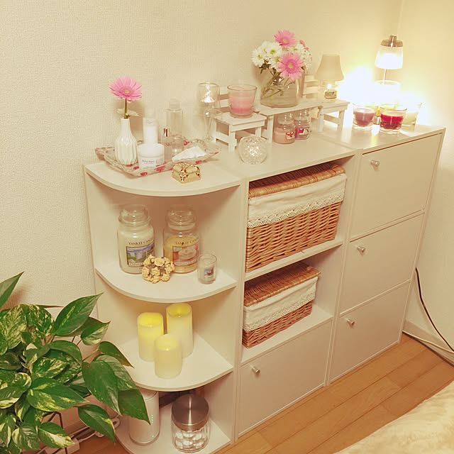My Shelf,LEDキャンドル,カラーボックスの上,テレビ横,キャンドルウォーマー,カラーボックス,アイリスオーヤマ,10000人の暮らし,お花,観葉植物,キャンドル,ダイソー,ディスプレイ,1K,一人暮らし,間接照明 RanRanの部屋