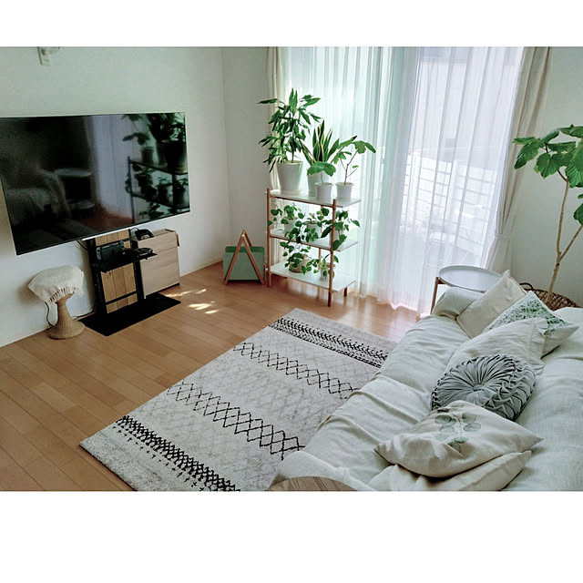 Lounge,目隠し,建売住宅,建売,植物のある暮らし,自然素材,ナチュラルインテリア,ボタニカルインテリア,さわやかな雰囲気,山善,コメントお気遣いなく♡,BOHOインテリアに憧れる,イケヒコ,テレビスタンド,ルーター隠し,コンセント隠し kodaminの部屋