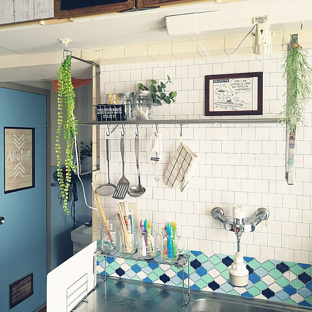 Kitchen,NO GREEN NO LIFE,3コインズ,団地部,greenを増やしたい,ダイソー,100均リメイク,西海岸インテリアに憧れ中,フェイク,DIY,一年中西海岸,ニトリ,フェイクグリーン,モロッカン風シート DIYstの部屋