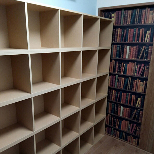 Overview,本棚,書斎,本棚柄壁紙,パルプボードボックス,無印良品 momobekoの部屋