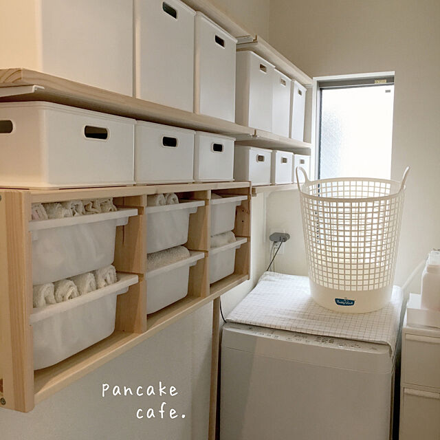 Bathroom,壁面収納DIY,壁面収納,壁面収納棚,タオル収納,ニトリ インボックス,棚DIY,IKEAの棚,洗濯機周り,DIY pancake-cafeの部屋