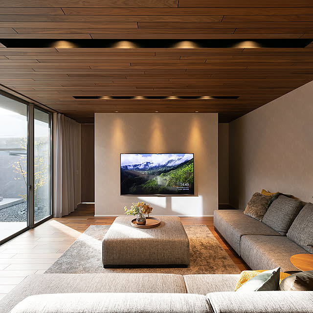 Lounge,ソファ,照明,DIY,中庭,ウォールナット,平屋,ナチュラルモダン,生活感をなくしたい,中庭のある家,生活感のない暮らし,中庭のある平屋,インスタ→n.home_2203 N.homeの部屋