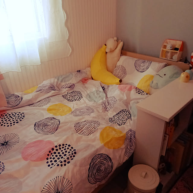 Bedroom,布団カバー,子供部屋,すみっこぐらし,ぬいぐるみ,バナナクッション,レースカーテン,ゴミ箱,イベント参加 chiiの部屋