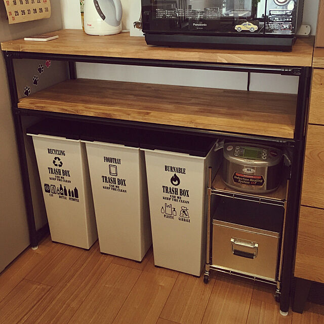 Kitchen,無印良品,ダイソースチールラック,ゴミ分別,鉄パイプ棚,背面カウンター DIY adamoの部屋