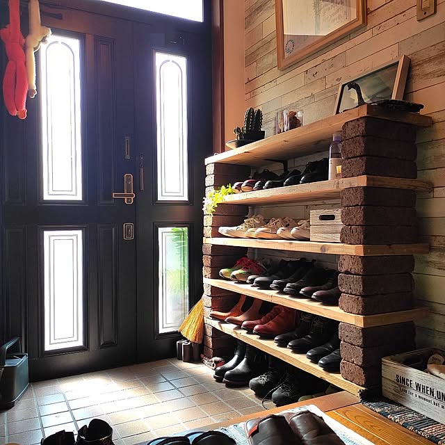 Entrance,男前,ナチュラル,足場杉板,シューズラックDIY,レンガDIY Eijiの部屋