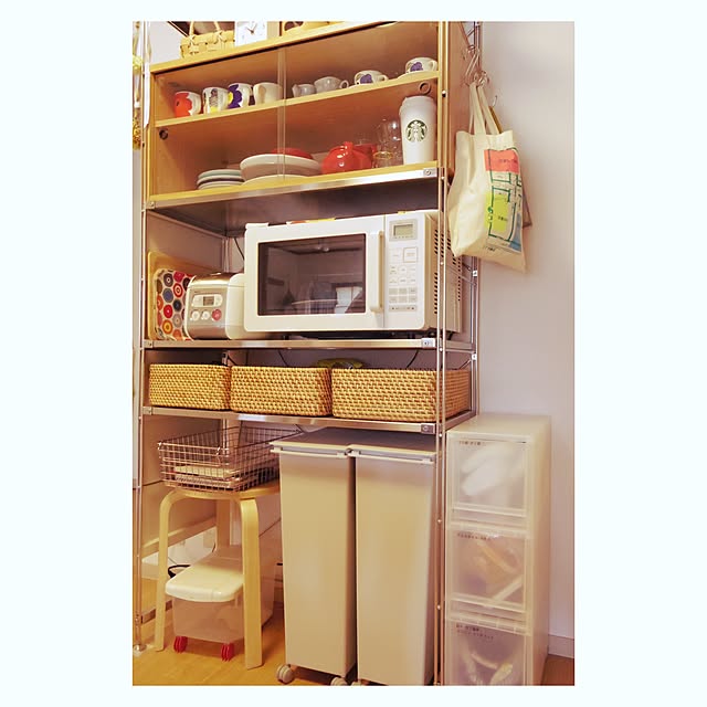 Kitchen,ポリプロピレン収納,団地部,団地,無印良品,収納,ステンレスユニットシェルフ,無印家電,キッチン家電の収納,食器棚,ゴミ箱,団地キッチン,ミニマリスト断念組,生活感,ごちゃつキッチン,重なるラタン長方形バスケット mamiの部屋