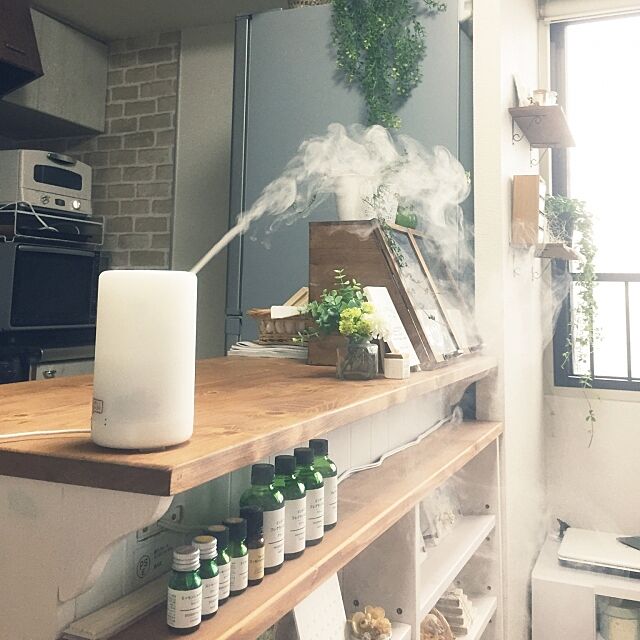 My Shelf,無印良品アロマディフューザー,雑貨,セリア,フェイクグリーン,DIY,カフェ風,ダイソー,観葉植物 mappyの部屋