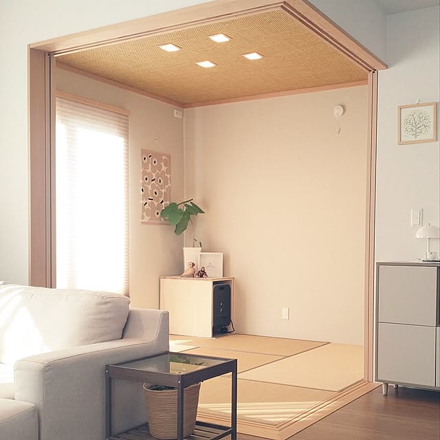 On Walls,くつろぎ空間,和室,スッキリ暮らす,楽しく暮らす,リビング周り,心地よい暮らし,快適な暮らし,観葉植物,ウンベラータ,ダウンライト,ニチベイ,ニチベイプリーツスクリーン tan5の部屋