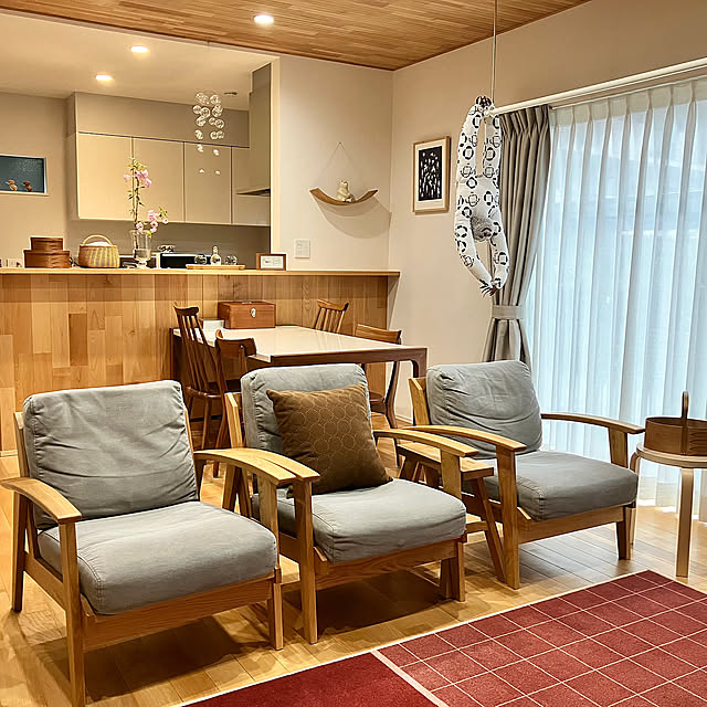 Lounge,リビング,癒し,ナチュラルインテリア,コメントお気遣いなく♡,リブ天井,メープル材,無垢床,18畳LDK yoppiの部屋