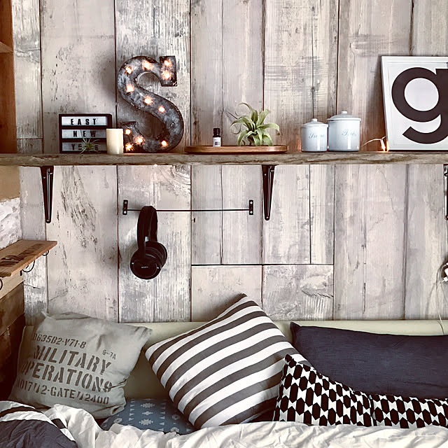 Bedroom,パモウナ,ベラコンテ,賃貸DIY,ダイソー,walpa,リメイク,IKEA,ブルックリンスタイル,壁紙屋本舗,セリア,DIY,モニター当選,100均,フェイクグリーン,男前,ガーデン,いなざうるす屋さん painmomoの部屋