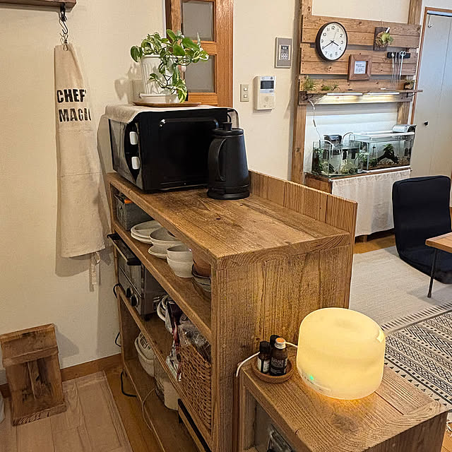 Kitchen,アイリスオオヤマ電子レンジ,コーナン電気ケトル,エプロンリメイク,cuisinartトースター,植物のある暮らし,WOODPRO足場板,キッチンカウンター,DIY tankの部屋