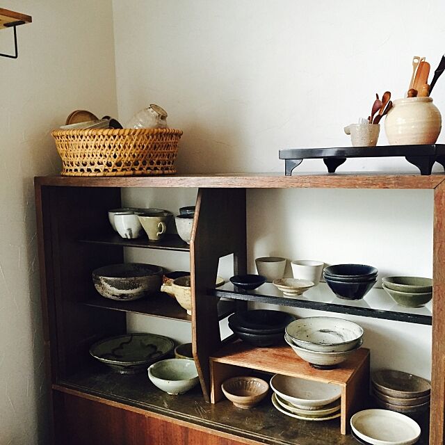 Kitchen,器,うつわ ,竹かご,食器棚,和家具,シンプル,古道具,収納,ガラス戸はずしてます zuiiの部屋