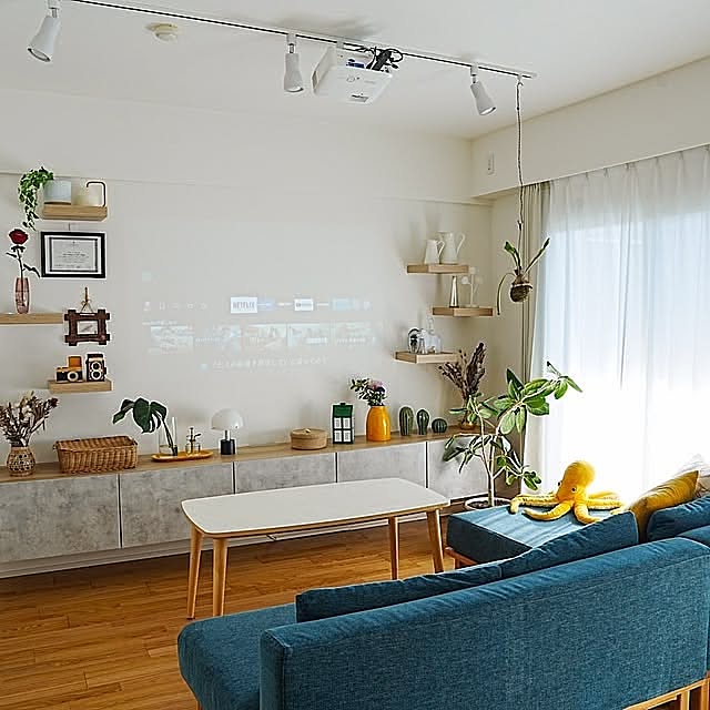 Lounge,好きな眺め,IKEA,ベストー,ベストーテレビ台,飾り棚,DIY,見せる収納,飾り棚DIY,プロジェクター,フローティングテレビボード,ソファ misaki.tの部屋