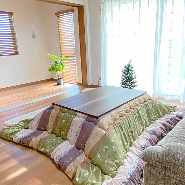 こたつ,Lounge,イケヒコこたつ布団,イケヒコ,こどものいる暮らし,おうち時間,おうち時間を楽しむ,こどもと暮らす。,子供のいる暮らし,刺繍レースカーテン,レースカーテン,こたつのある部屋,こたつ布団,こたつテーブル,クリスマスツリー,クリスマス,観葉植物,ブラインド 木製,ブラインド,折りたたみテーブル,YKK ap窓,YKKap star..の部屋