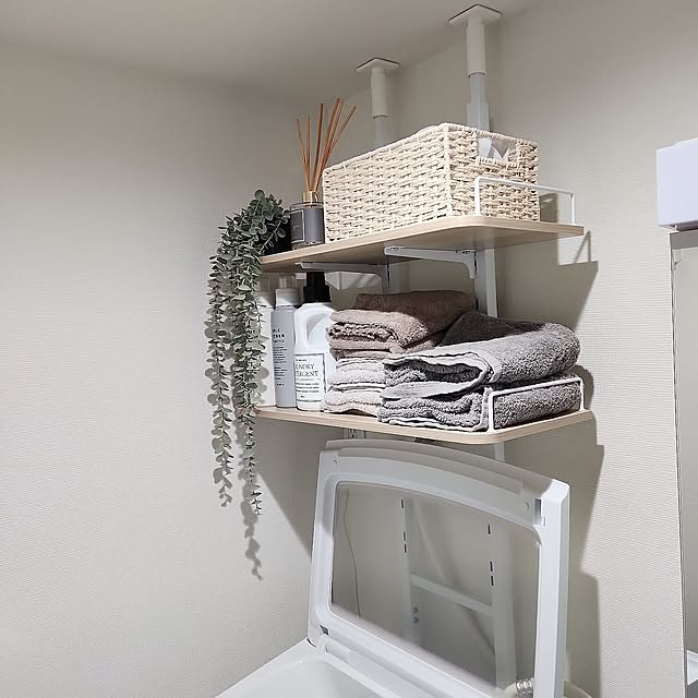 Bathroom,洗濯機上収納,ニトリ,IKEA,スタンダードプロダクツ,狭い洗面所&脱衣所,モノトーン,2LDK賃貸アパート jsrsの部屋