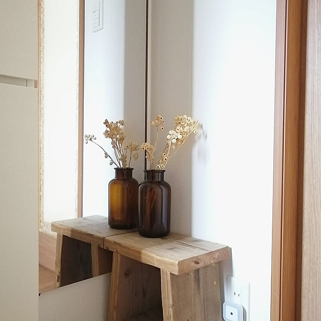 Entrance,ベージュインテリア,早寝・早起き・朝coffee,子供と暮らす。,スタンダードプロダクツ,フラワーベース,ドライフラワー,WOODPRO足場板,割れない姿見,激狭玄関,割れない鏡 so-bokuの部屋