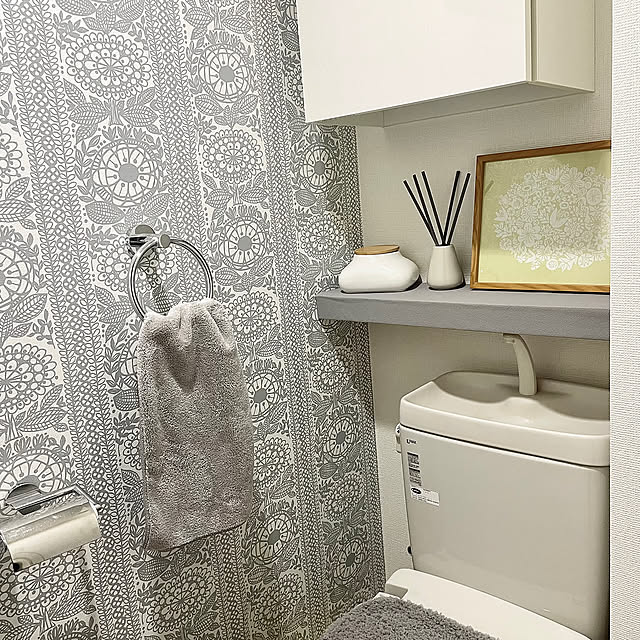 Bathroom,ディフューザー スティック,ideaco ウェットティッシュケース,バーズワーズ シルクスクリーン,BIRDS’ WORDS,たなDIY,アクセントクロス,フィンレイソン タイミ,DIY,いいね！コメント！うれしいです♥,マンション暮らし,RoomClipの出逢いに感謝♡ manchanの部屋