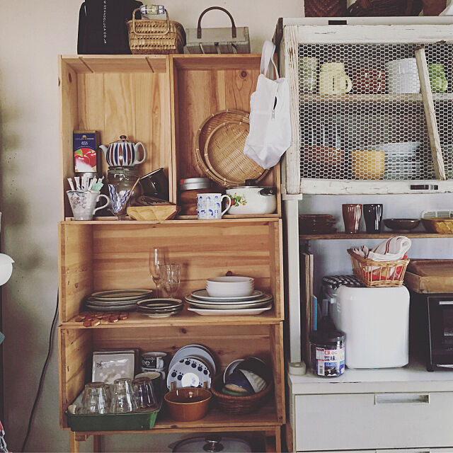 食器棚,ワイン木箱,りんご箱,木箱,インスタ→nagi.kii_home,DIY,Kitchen kumiの部屋