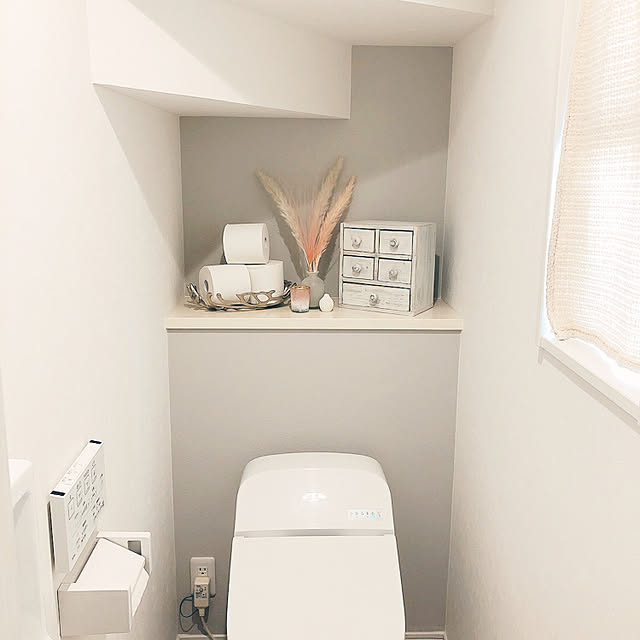 コンセント隠したい,2倍巻きトイレットペーパー,トイレのインテリア,ペールトーン,toto gg,階段下トイレ,壁紙,Bathroom,タンクレストイレ,モノトーン,ホワイトインテリア,ACTUS,建売住宅,トレイ doremiの部屋
