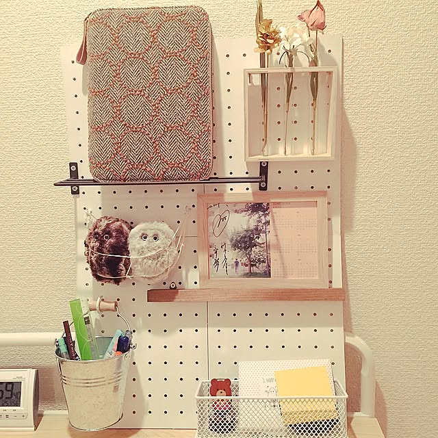 My Desk,100均,DIY,文房具収納,壁面ディスプレイ,有孔ボード,塩系インテリアに憧れる,ぬいぐるみ,ほぼ日手帳,試験管 nの部屋